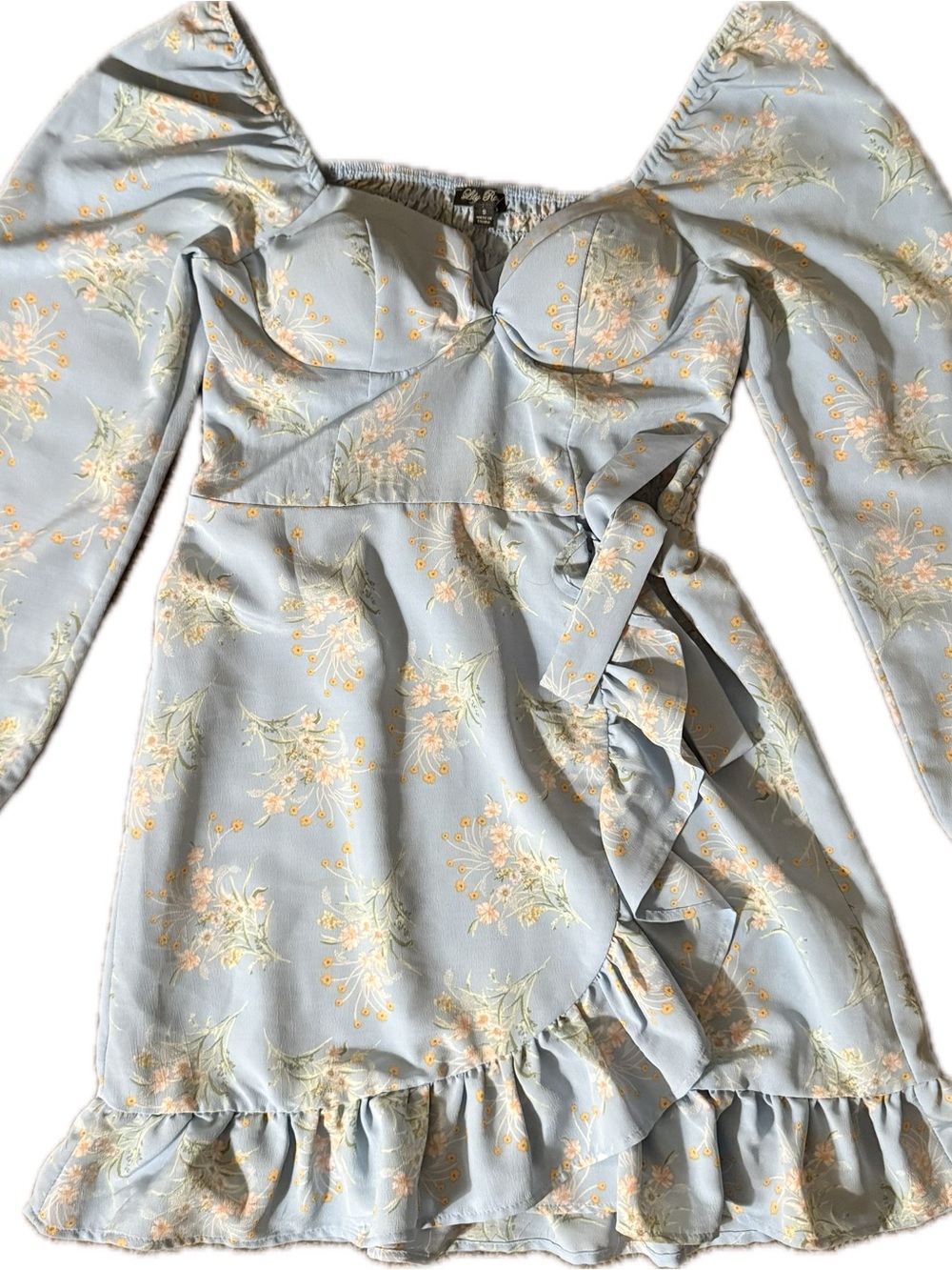 Lily Rose Light Blue Floral Puff-Sleeve Wrap Dress
